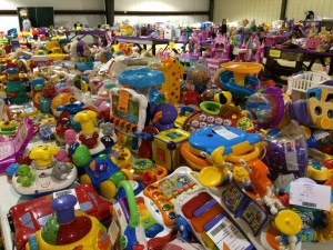 Neatly stacked toys line the back of the Dewey H. Tench Pavilion just waiting on kids to enjoy them during the 2014 Fall Children's Sale.