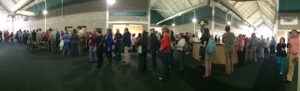 This panoramic view shows how the voting line snaked around the Aquatic Center in Clarkesville.