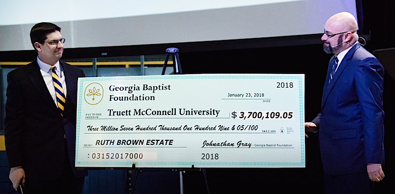 TMU largest private donation check presentation from GA Baptist Foundation