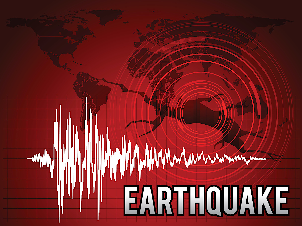EarthQuake - frequency wave , map world circle wave and crack floor vector red tone art design