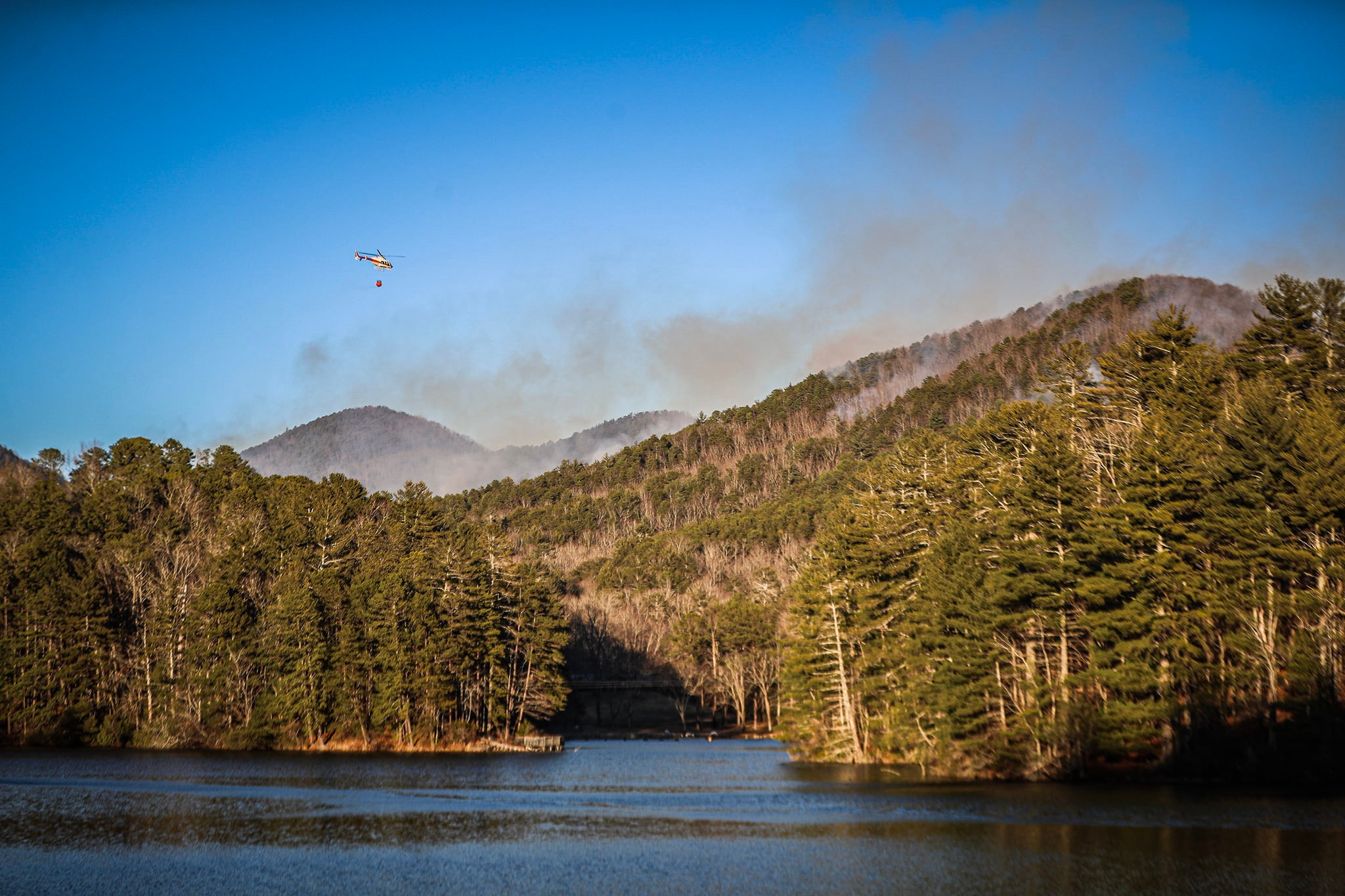 USFS helicopter over Unicoi Lake