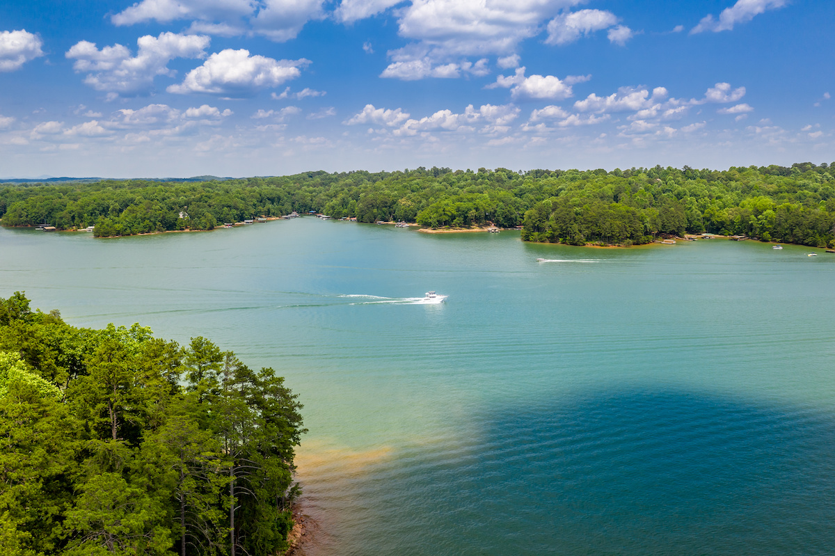 Aerial view beaches and boats on Lake Lanier