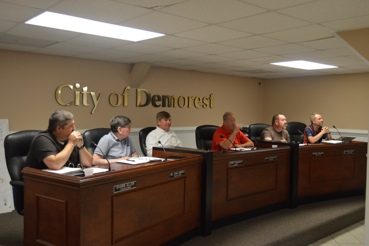 Demorest city council with City Manager Mark Musselwhite (center in orange shirt) at Tuesday nights council meeting.