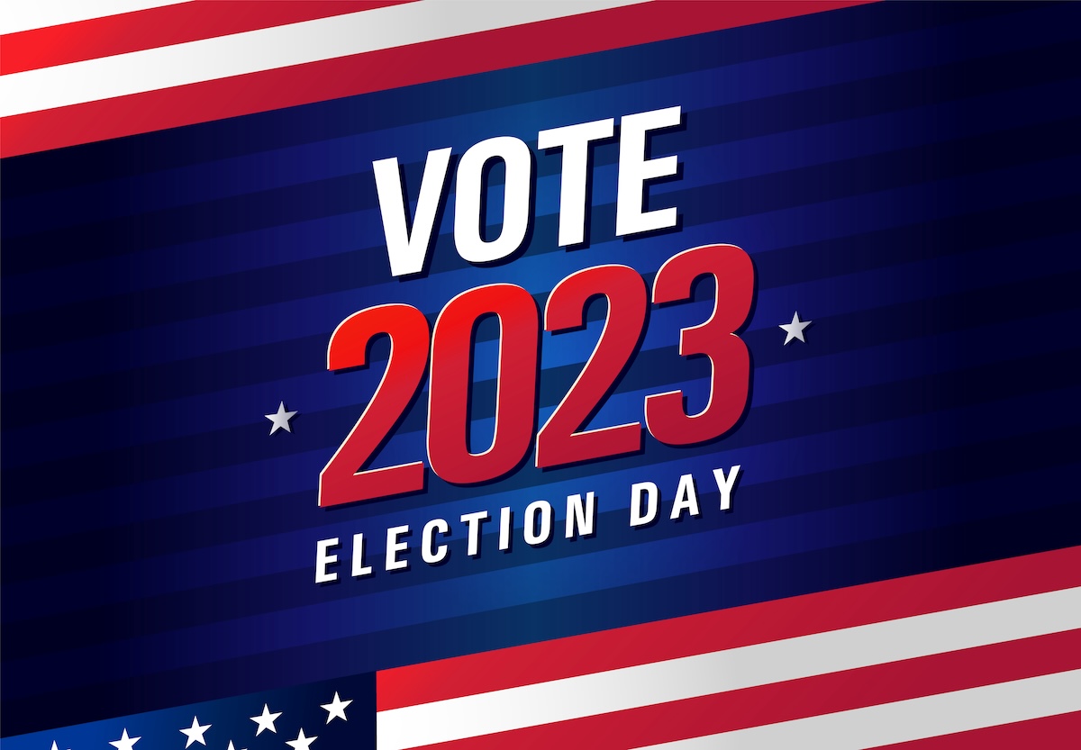 Vote 2023, election day USA. American vote, creative design with flags for political debate banner or campaign invitation. Vector illustration
