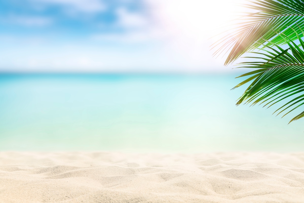 Sunny tropical beach with palm trees and turquoise water, caribbean island vacation, hot summer day