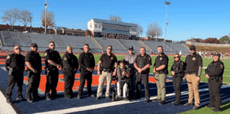 Shown during the recent filming of a Habersham Central Raiders hype video are, from left, SRO Anthony Sullo, SRO Austin Martin, SRO Kristopher Stout, SRO Lynn Moore, SRO Sgt. Wesley Addis, SRO Sgt. Wesley Littlejohn, SRO Lt. Aaron Autry, SRO David Perkins, SRO Evaleez Gonzalez, SRO Kyle O’Kelley, and SRO Graciela Margolla.