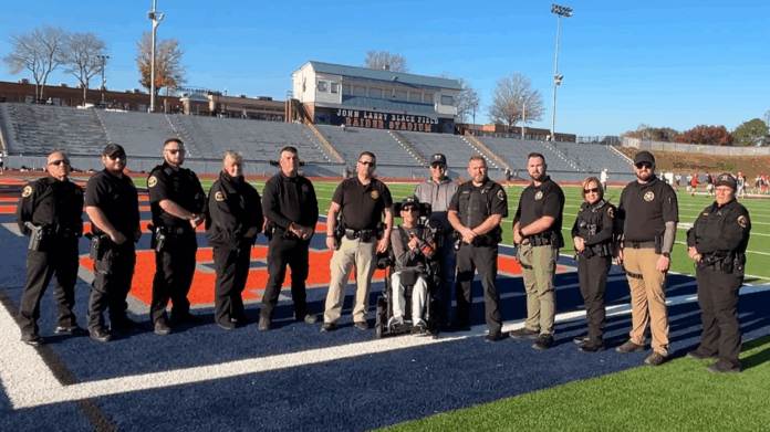 Shown during the recent filming of a Habersham Central Raiders hype video are, from left, SRO Anthony Sullo, SRO Austin Martin, SRO Kristopher Stout, SRO Lynn Moore, SRO Sgt. Wesley Addis, SRO Sgt. Wesley Littlejohn, SRO Lt. Aaron Autry, SRO David Perkins, SRO Evaleez Gonzalez, SRO Kyle O’Kelley, and SRO Graciela Margolla.