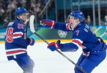 Jack Eichel and Brady Tkachuk power the U.S. past Denmark 6-3 at the Olympics
