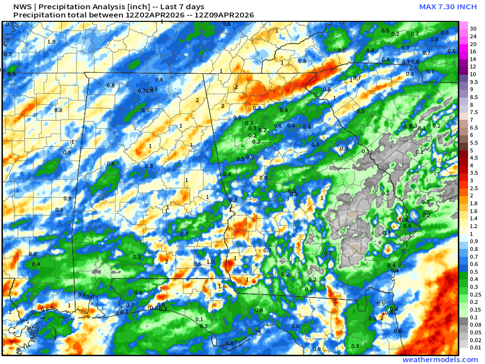 7-day rainfall through April 9