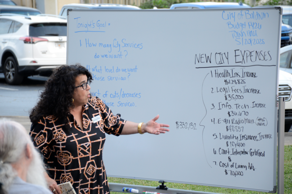 Overflow crowd forces Baldwin budget town hall outdoors