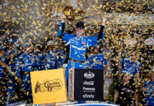 Denny Hamlin storms back from a pole-start penalty to win at Nashville Superspeedway